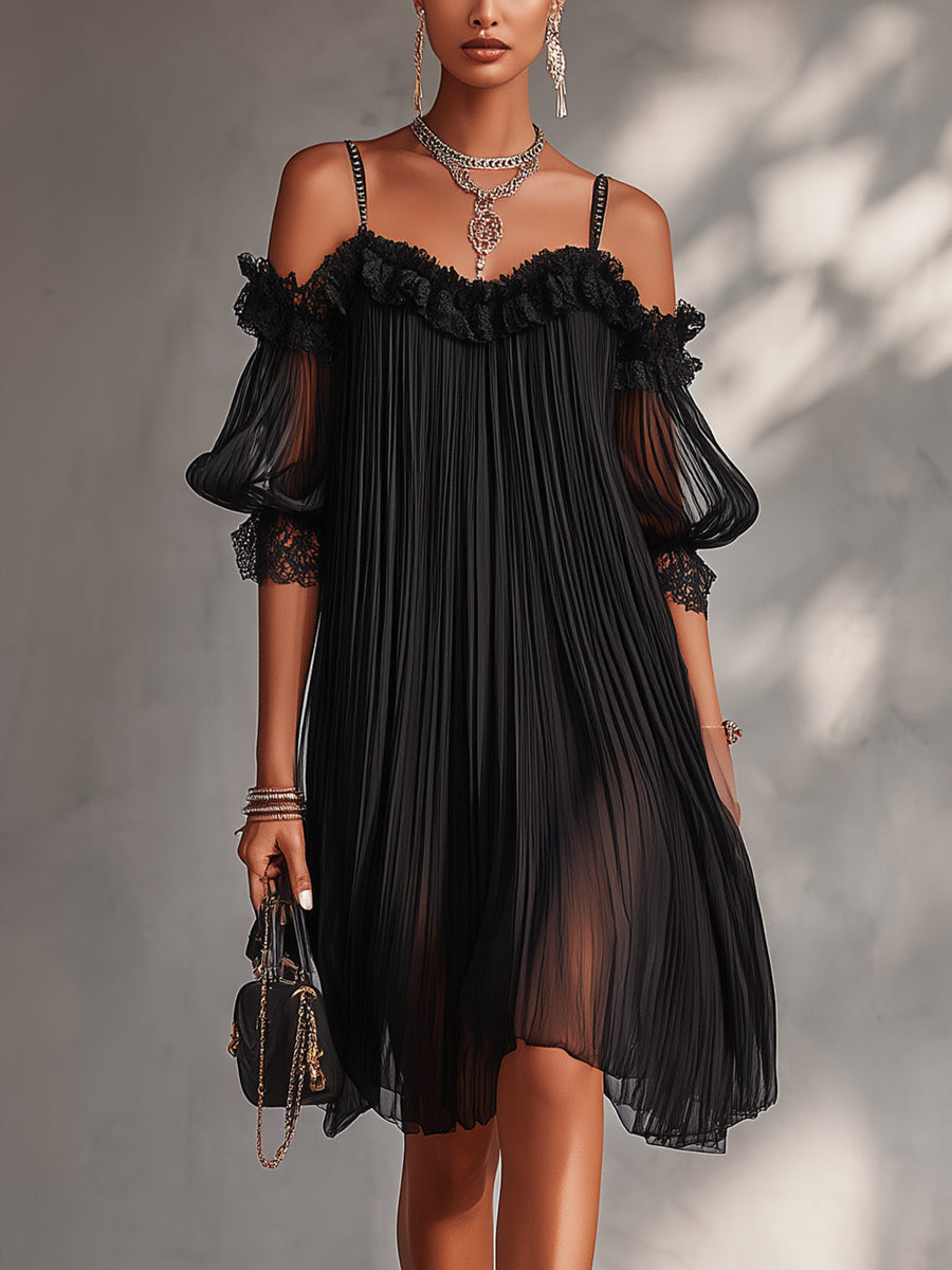BRUNEL PARIS | Mini-robe en Mousseline Noire à Épaules Dénudées et Finition en Dentelle