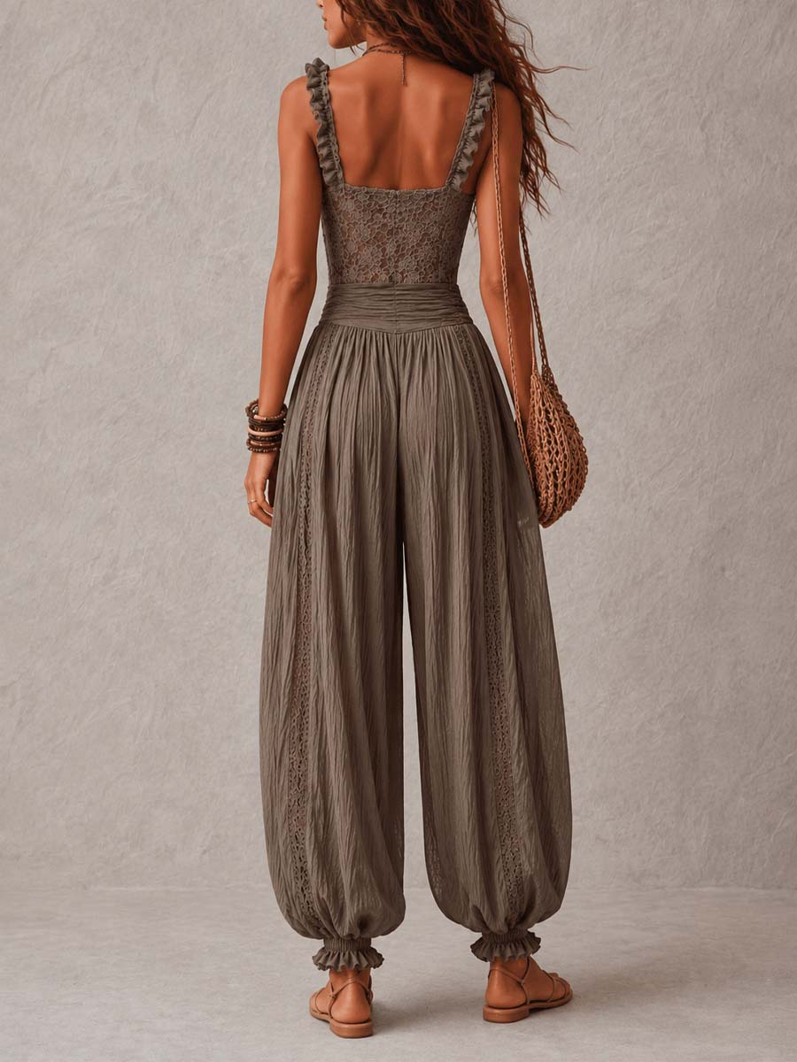 BRUNEL PARIS | Ensemble bandeau en dentelle grise et pantalon harem plissé en coton