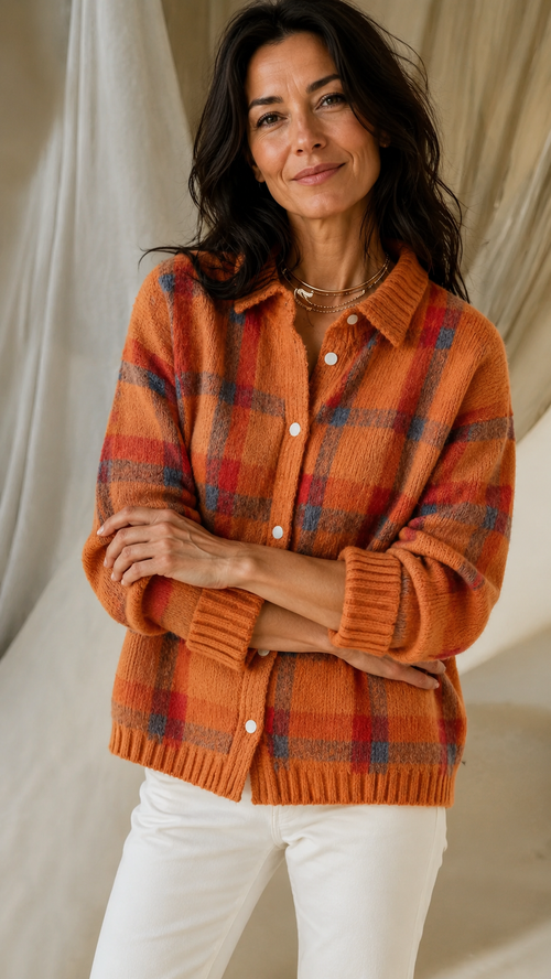 BRUNEL PARIS | Cardigan Anna Femme — Maille Douce à Carreaux d'Automne