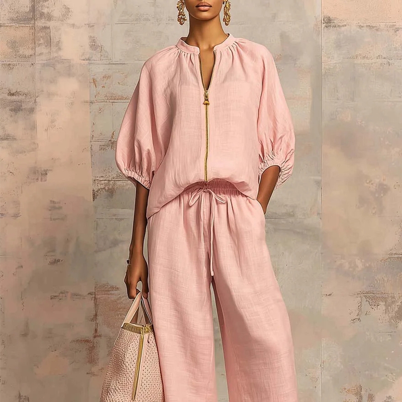 BRUNEL PARIS | ✨ 50% DE RÉDUCTION ! 👕 Ensemble de survêtement uni pour femme – Pantalon large, manches bouffantes, cordon de serrage 🍂