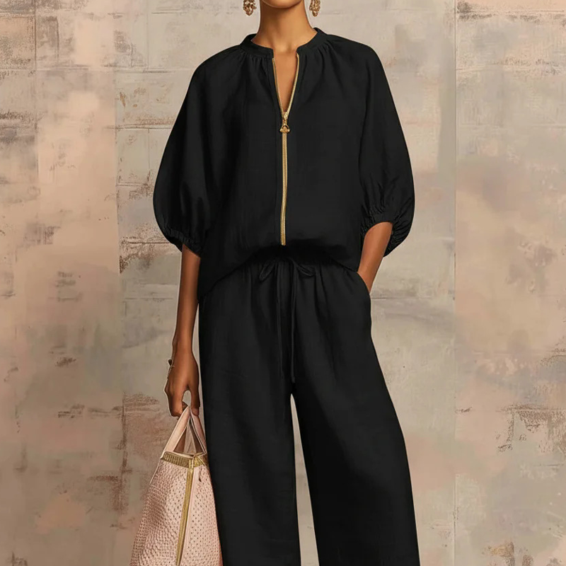 BRUNEL PARIS | ✨ 50% DE RÉDUCTION ! 👕 Ensemble de survêtement uni pour femme – Pantalon large, manches bouffantes, cordon de serrage 🍂