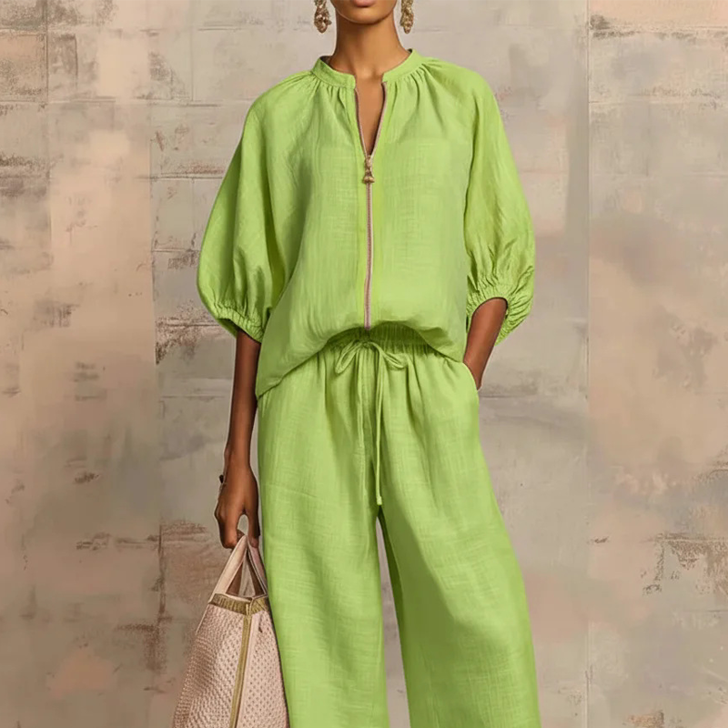 BRUNEL PARIS | ✨ 50% DE RÉDUCTION ! 👕 Ensemble de survêtement uni pour femme – Pantalon large, manches bouffantes, cordon de serrage 🍂