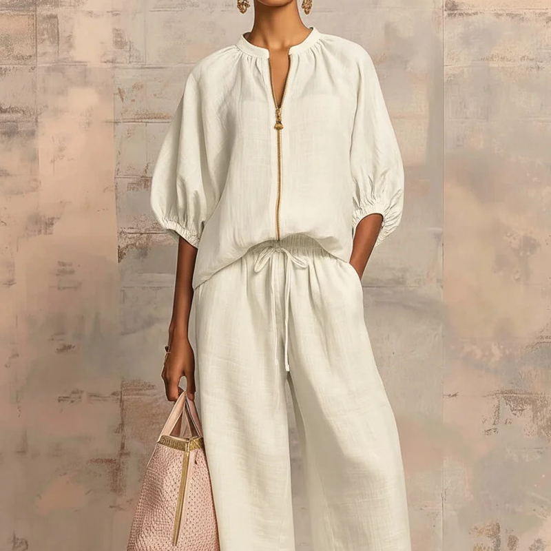 BRUNEL PARIS | ✨ 50% DE RÉDUCTION ! 👕 Ensemble de survêtement uni pour femme – Pantalon large, manches bouffantes, cordon de serrage 🍂