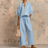 BRUNEL PARIS | ✨ 50% DE RÉDUCTION ! 👕 Ensemble de survêtement uni pour femme – Pantalon large, manches bouffantes, cordon de serrage 🍂