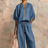 BRUNEL PARIS | ✨ 50% DE RÉDUCTION ! 👕 Ensemble de survêtement uni pour femme – Pantalon large, manches bouffantes, cordon de serrage 🍂